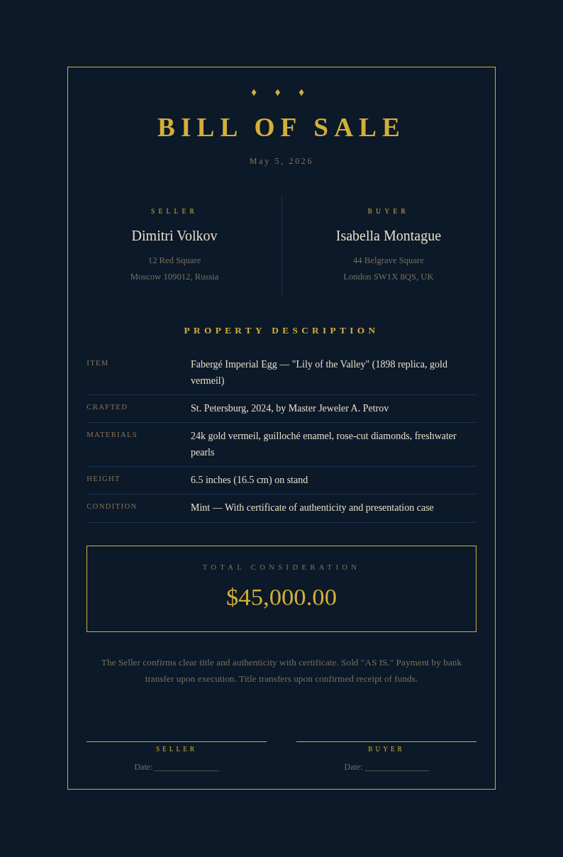 Midnight Luxury Bill Of Sale